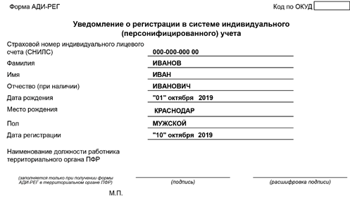 Подтверждением получения  иностранцем СНИЛС будет уведомление о регистрации в системе индивидуального (персонифицированного) учета по форме АДИ-РЕГ. Такой порядок действует с сентября 2019 года
