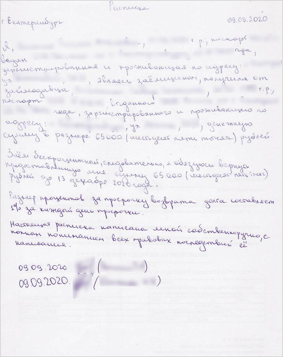 Образец долговой расписки