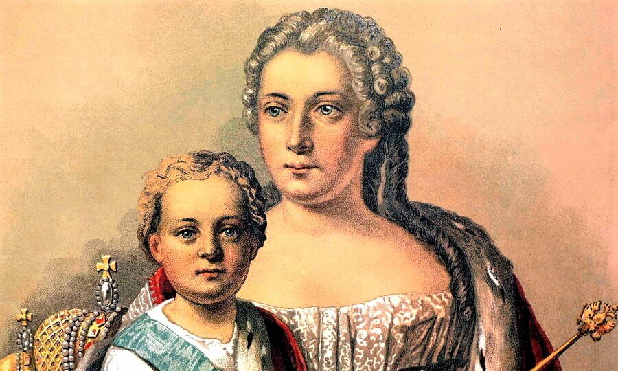 Император Иоанн Антонович и мать его правительница Анна Леопольдовна. Хромолитография из альбома «Российский царственный дом Романовых», 1898 год.