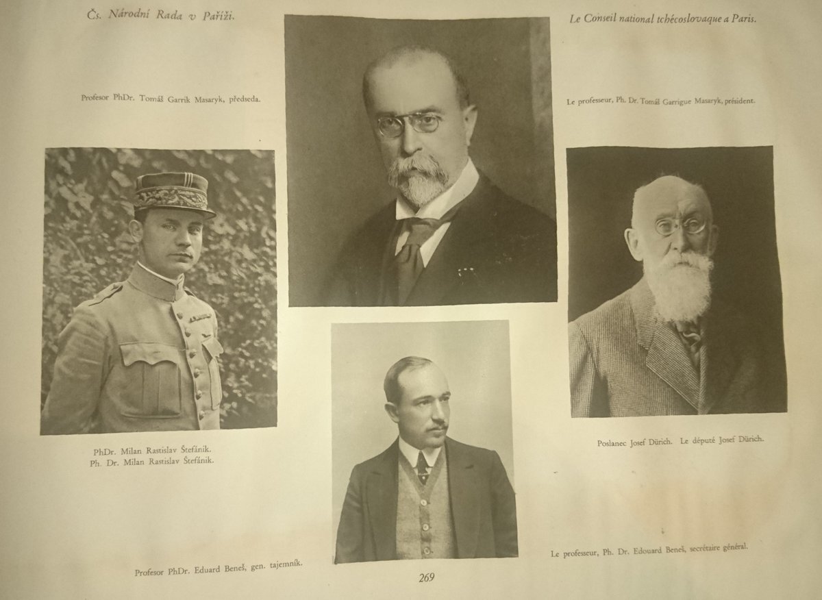 Лидеры Чехословацкого национального совета. Слева - Милан Растислав Штефаник, в центре сверху - Томаш Гарриг Масарик, в центре снизу - Эдвард Бенеш, Справа - Йозеф Дюрих.