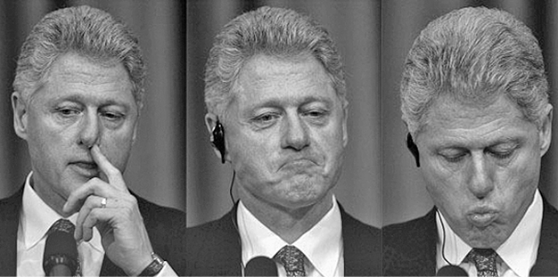 Выступление Билла Клинтона перед Большим Жюри по делу по сексуальных домогательствах Моники Левински. Когда президент говорил правду, он почти не касался носа. Когда же Клинтон лгал, он на мгновенье нахмуривался перед ответом и каждые 4 минуты касался носа.