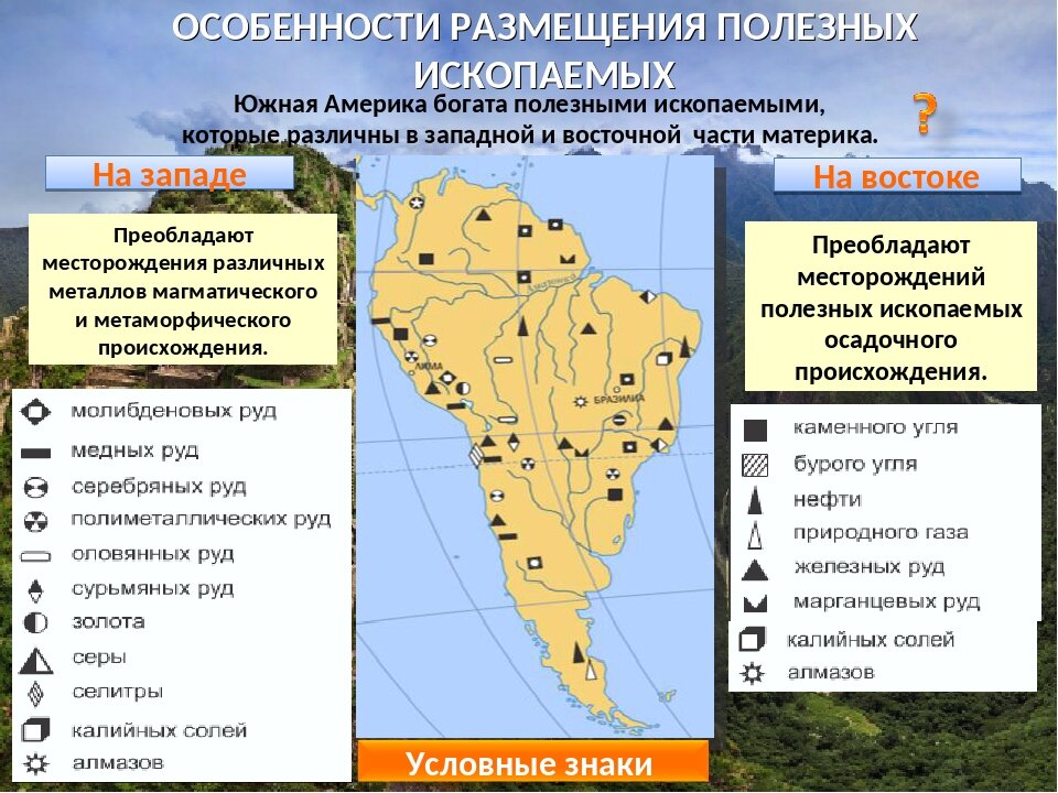 Рельеф полезные ископаемые география. Месторождения полезных ископаемых Южной Америки. Карта полезных ископаемых Южной Америки. Основные месторождения полезных ископаемых Южной Америки. Основные полезные ископаемые Южной Америки на карте.