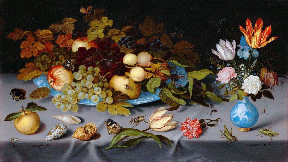 Балтазар ван дер Аст "Натюрморт с фруктами на блюде и цветами"
