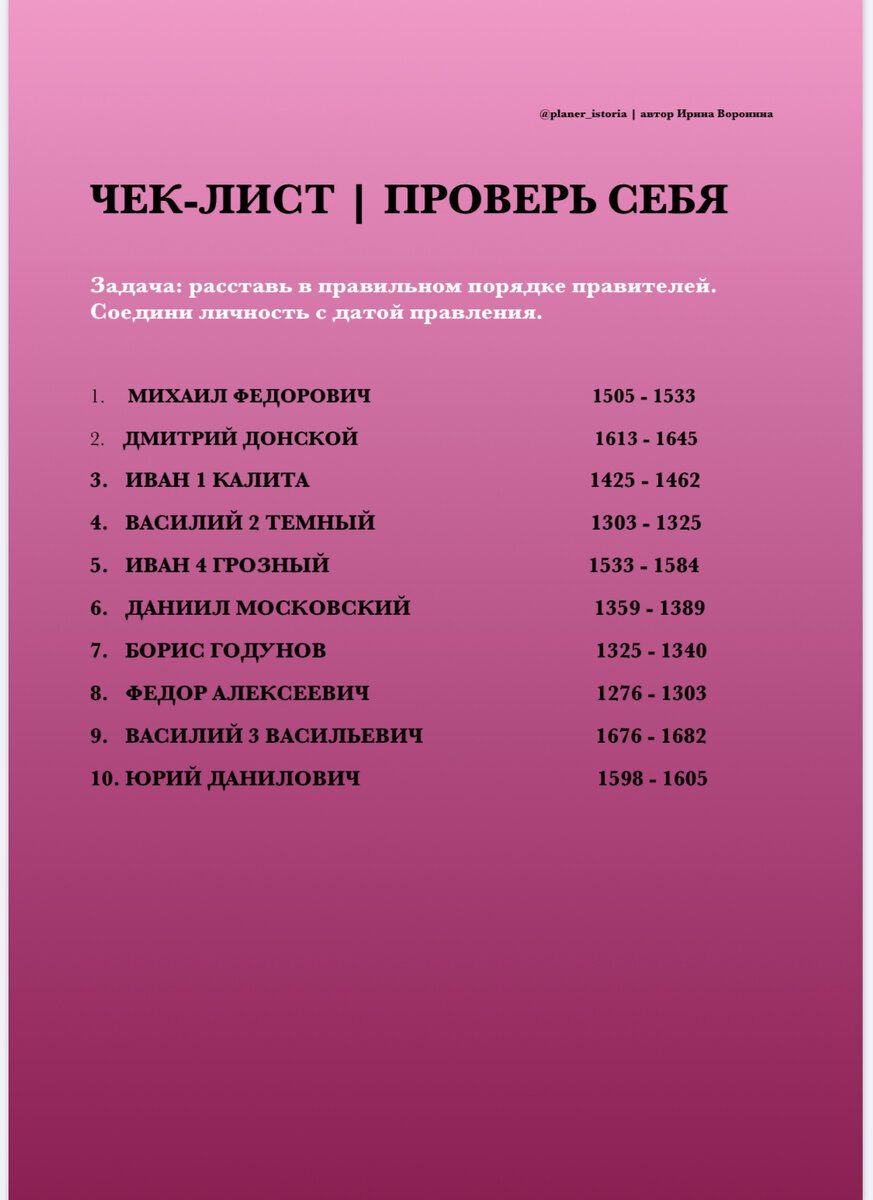 Расставь в правильном порядке Князей | @planer_istoria| Автор Ирина Воронина