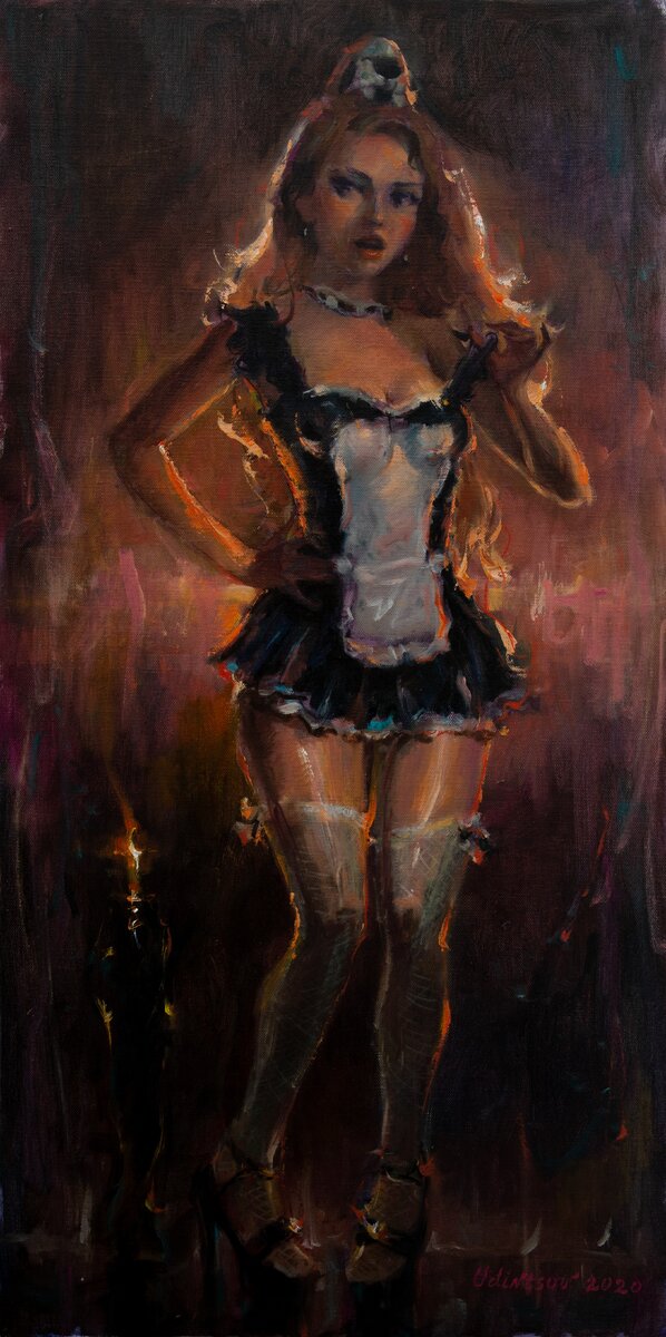 "Девушка в костюме горничной", 43х87см, холст, масло, 2020