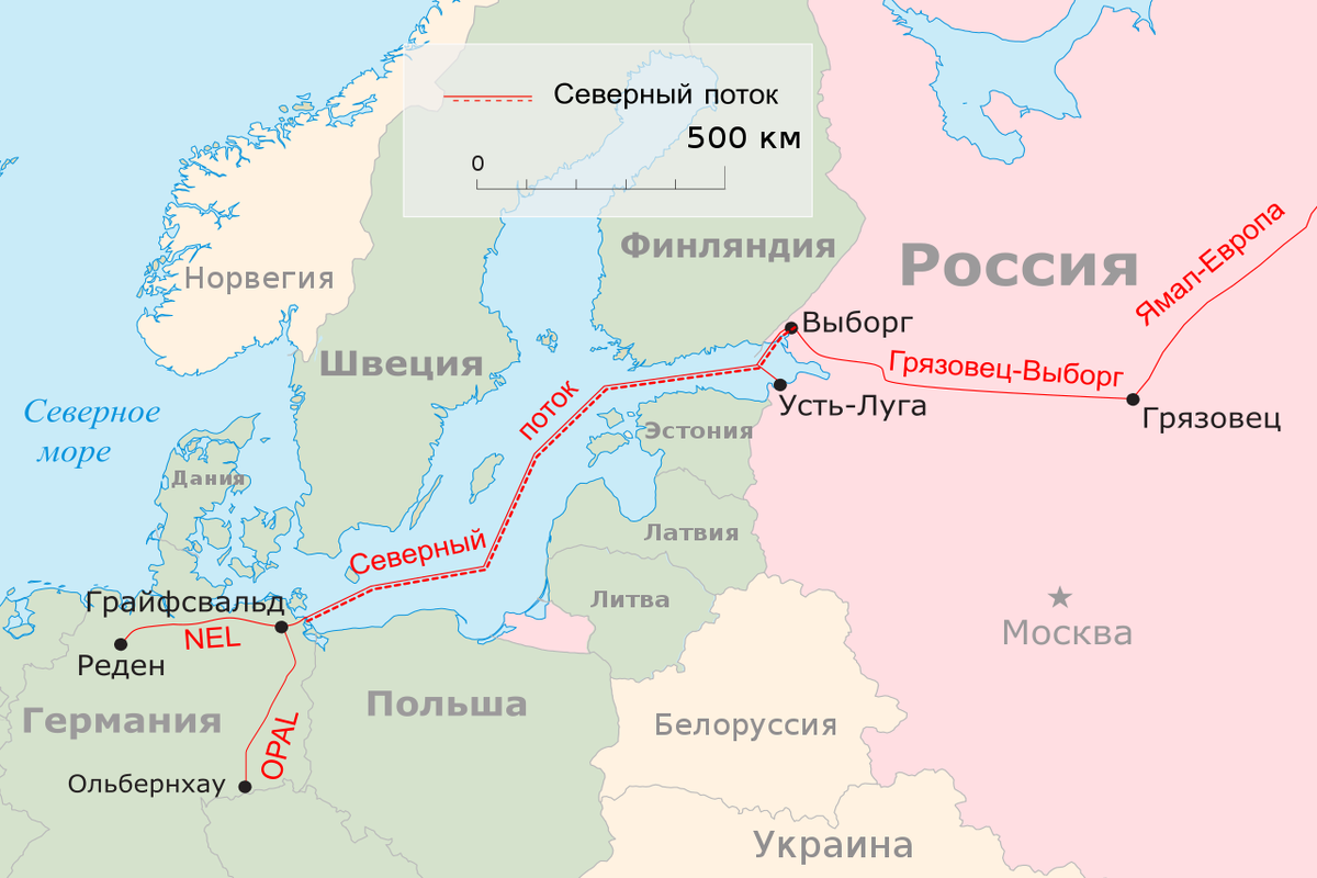 "Северный поток -2" - маршрут пролегания. Картинка из Википедии