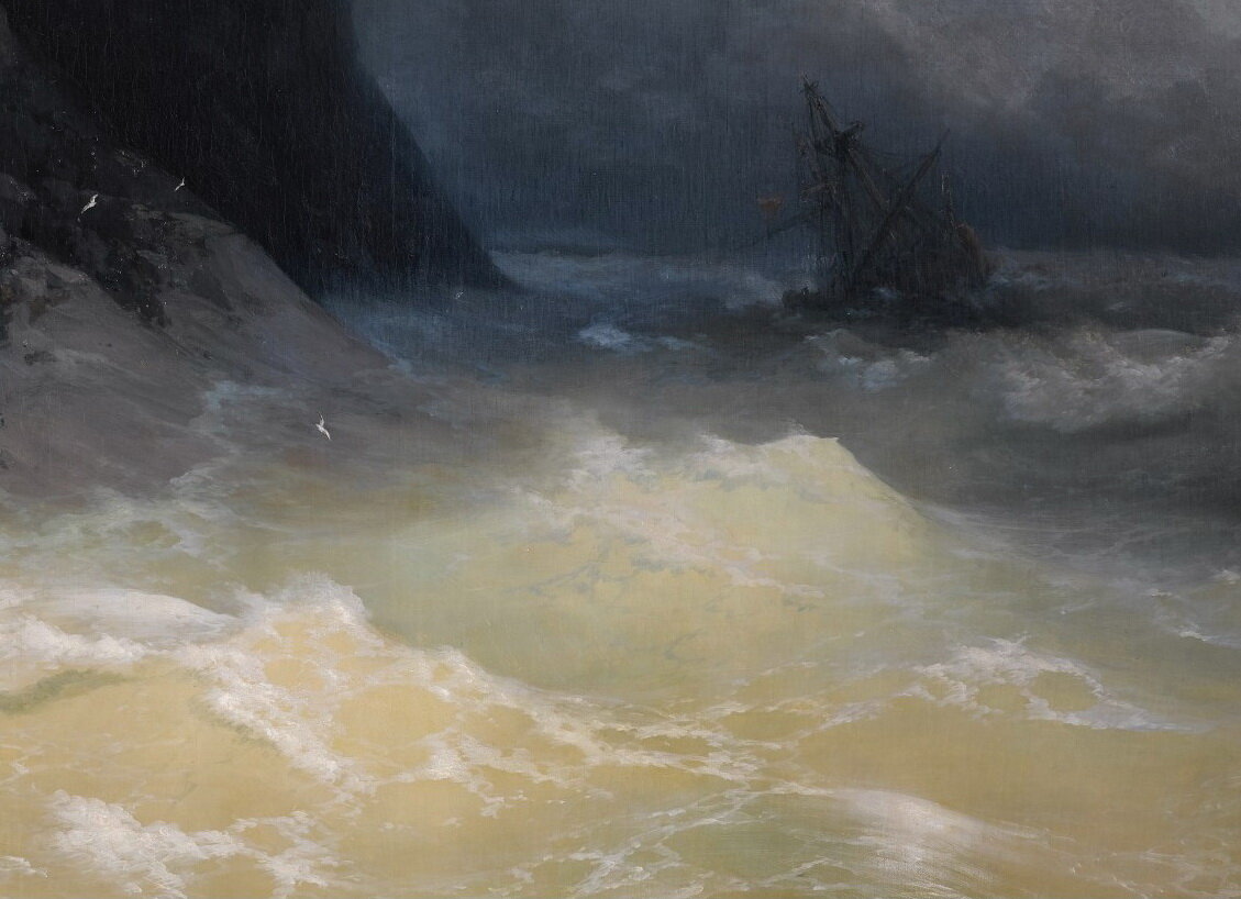 Иван Айвазовский "Кораблекрушение у берегов Черного моря", фрагмент. Картина принадлежит к одним из лучших в наследии мастера и написана в тот же период, что и знаменитая "Волна" из Русского музея в СПб