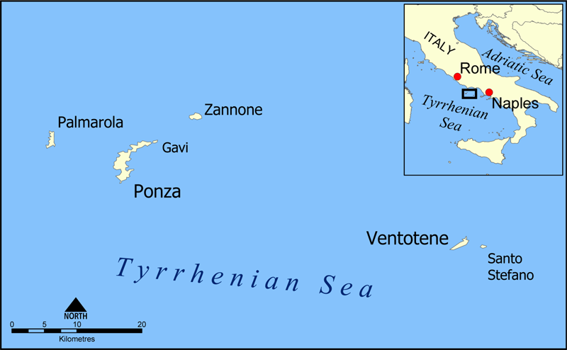 Автор: NormanEinstein assumed (based on copyright claims). Источник фото: https://commons.wikimedia.org/wiki/File:Pontine_Islands_map.png Creative Commons Attribution-Share Alike 3.0 Unported license.