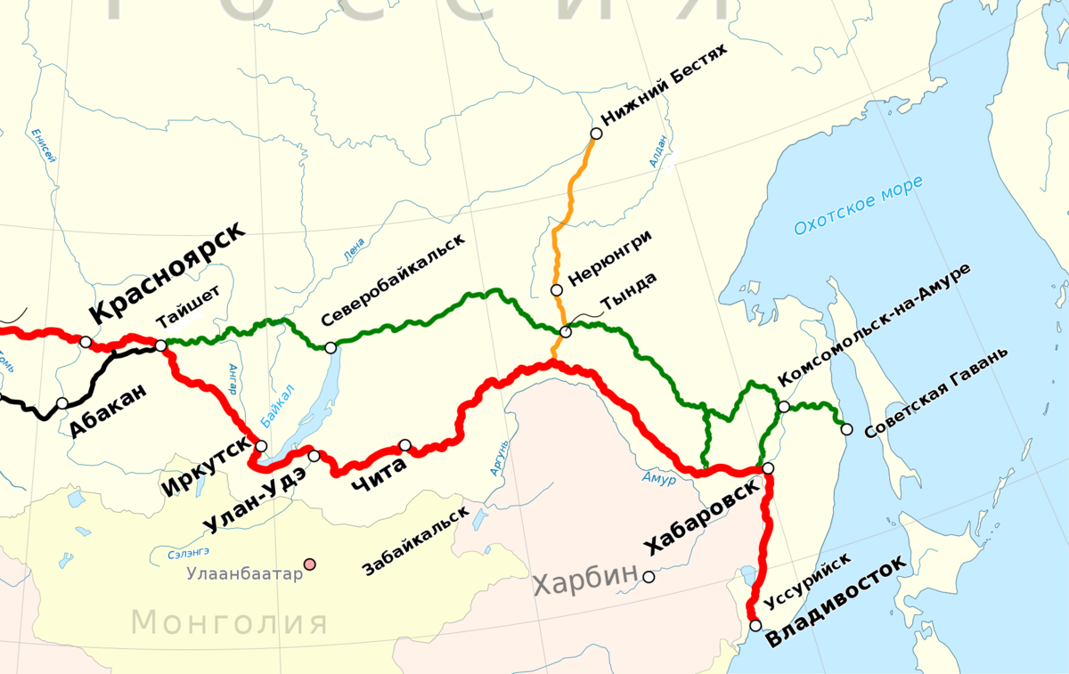 © Андрей Перцев / CC BY-SA 4.0 (Зеленым – БАМ. Красным – Транссиб)