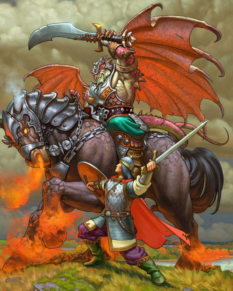 Алёша бьется с Тугарином Змеевичем. Иллюстрация Степана Гилева. Художник отлично передал здесь "змеиную" природу Тугарина.