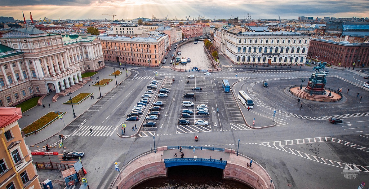 Вид на Запад в сторону Финского залива. Слева здание Мариинского дворца. Справа Иссакиевская Площадь и знаменитый памятник императору Николаю I. Сам собор еще праве за сквером.