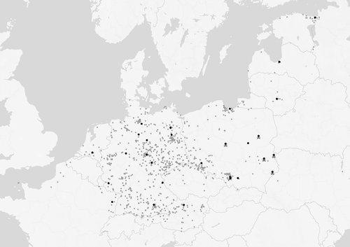Точками на карте отмечены места нахождения концлагерей в Европе