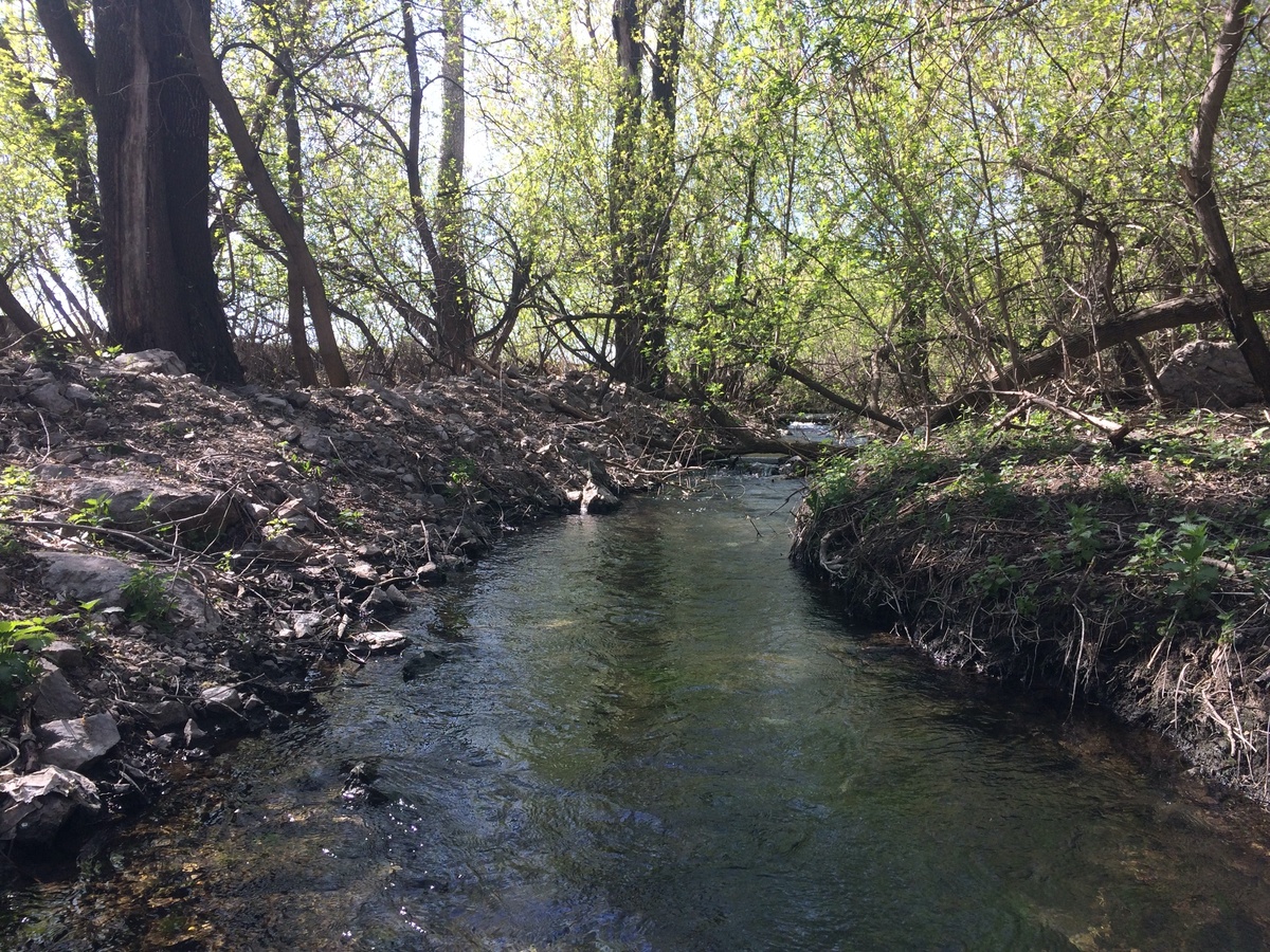 Его можно спокойно перепрыгнуть) ширина около 2 метров.