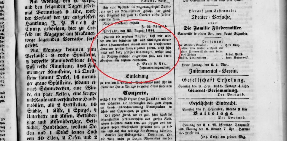 Объявление компании Г.Банда в газете Crefelder Kreis- und Intelligenzblatt от 06.09.1844