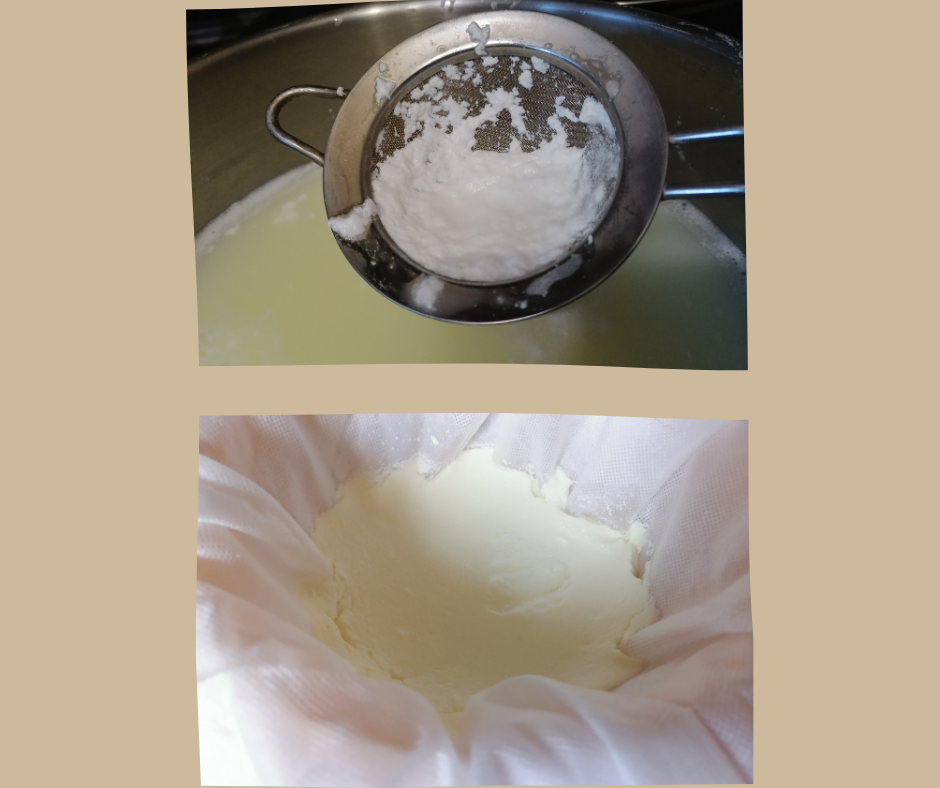 На первом фото - хлопья рикотты, образующиеся в нагреваемой сыворотке, зачерпнутые в ситечко (для иллюстрации), на втором фото - рикотта, отцеженная через мелкоячеистое лавсановое полотно. Фото автора