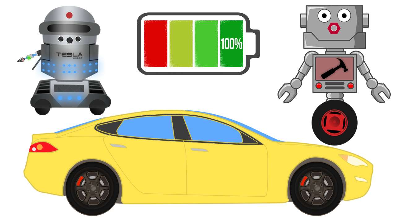 Автомеханик Роби и его новый помощник Робот Тесла ремонтируют электромобиль.
