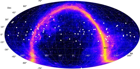    Цветом показано небо в гамма-лучах, ярко прослеживается плоскость Галактики. Направления прихода нейтрино показаны белыми кружками. Центр Галактики (‘GC’) отмечен звездочкой. Российский нейтринный телескоп Байкал-GVD чувствителен к этой области неба и сможет поймать оттуда нейтрино / ©Пресс-служба МФТИ