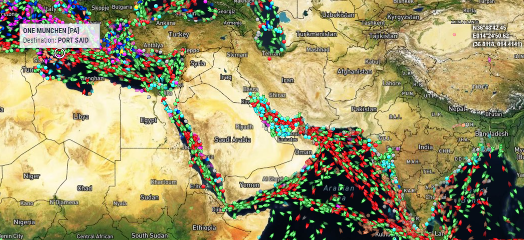 Онлайн карта движения судов через СУЭЦ, Баб-эль-Мандебскому и Ормузскому проливам