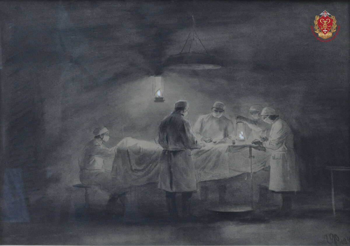 Фитингоф Г. П. Рисунок «Операция при фонаре «Летучая мышь». Операционная, оборудованная в бомбоубежище, 1942 г.» 1943 г.