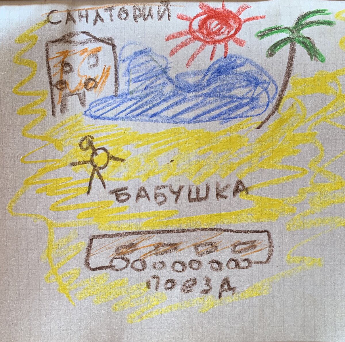 Она приехала в санаторий "Золотой берег". В этом рисунке я немного ошибся – бабушка прилетела на самолете.