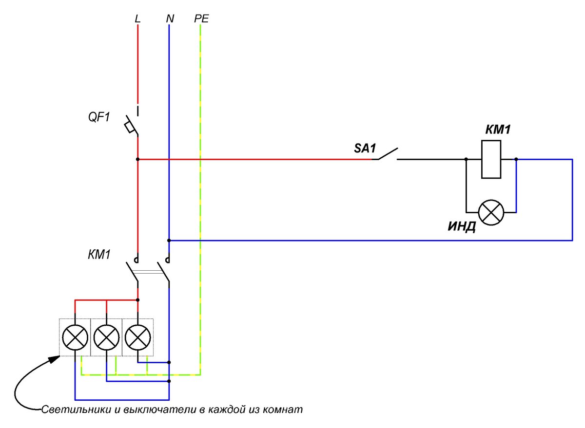 Схема подключения контактора через выключатель на свет авв