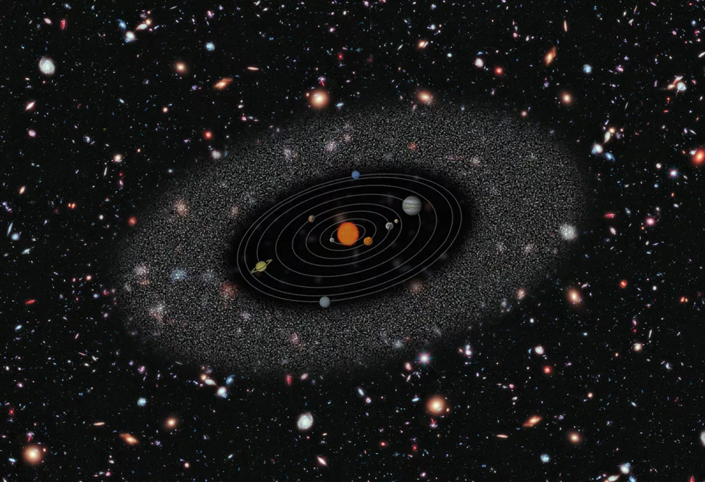 Визуализация Солнечной системы. "Дымка" вокруг и есть Пояс Койпера. Фото: https://pin.it/6xfwpejb4iyq3w