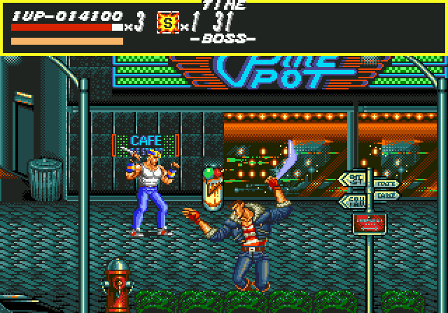 А вот так выглядел первый ответ от Sega на порт Final Fight для SNES. Довольно скромно, но не без изюминок. Уже здесь заметно, насколько более ярко при учёте более скромной цветовой палитры Genesis, выглядит Streets of Rage на фоне Final Fight.