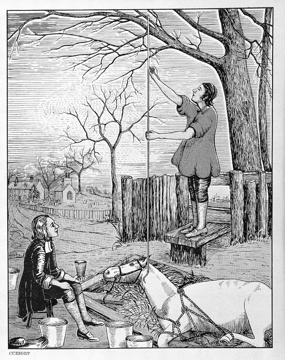 Вот таким образом, по мнению автора рисунка, в 1731-м году было впервые измерено артериальное давление... )) Хотя, эта гравюра и не совсем точно иллюстрирует реальную ситуацию, потому что английский естествоиспытатель (и, по совместительству, священник) Стивен Гейлз впервые измерил давление у лошади, вставив ей стеклянную трубочку напрямую в артерию, находящуюся в районе паховой области... 