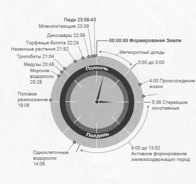 Представим хронологию нашей планеты в виде циферблата часов (24 ч). Человечеству на них отведена всего лишь 1 минута 17 секунд. 