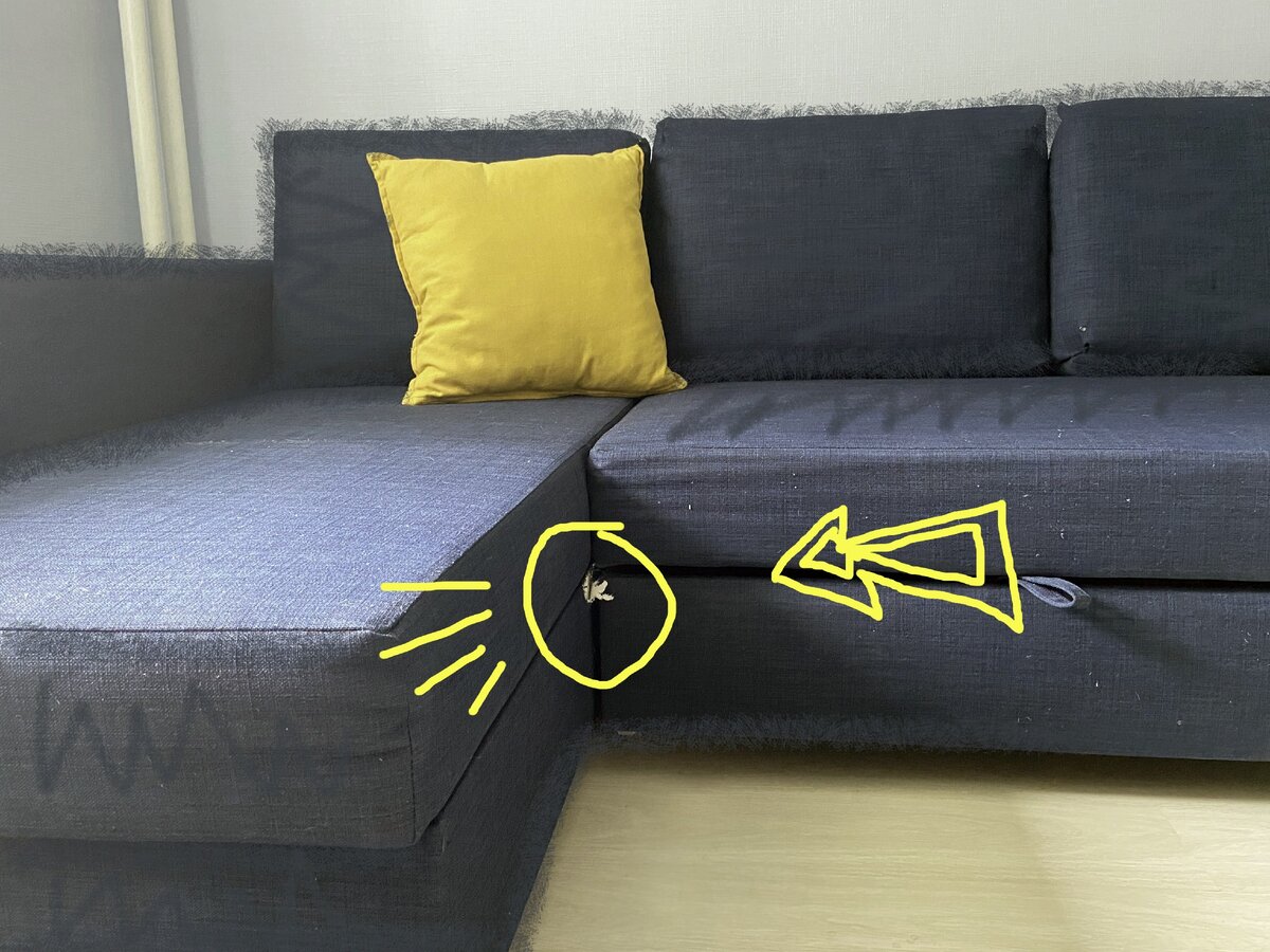 на фото: пострадавший диван, во всех ракурсах