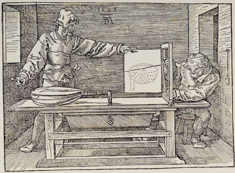 Книга «Руководство к измерению циркулем и линейкой» Альбрехта Дюрера 1522 г. была сборником практических рекомендаций по созданию перспективных изображений в живописи. На приведенной здесь гравюре из этой книги показан процесс создания чертежа лютни.