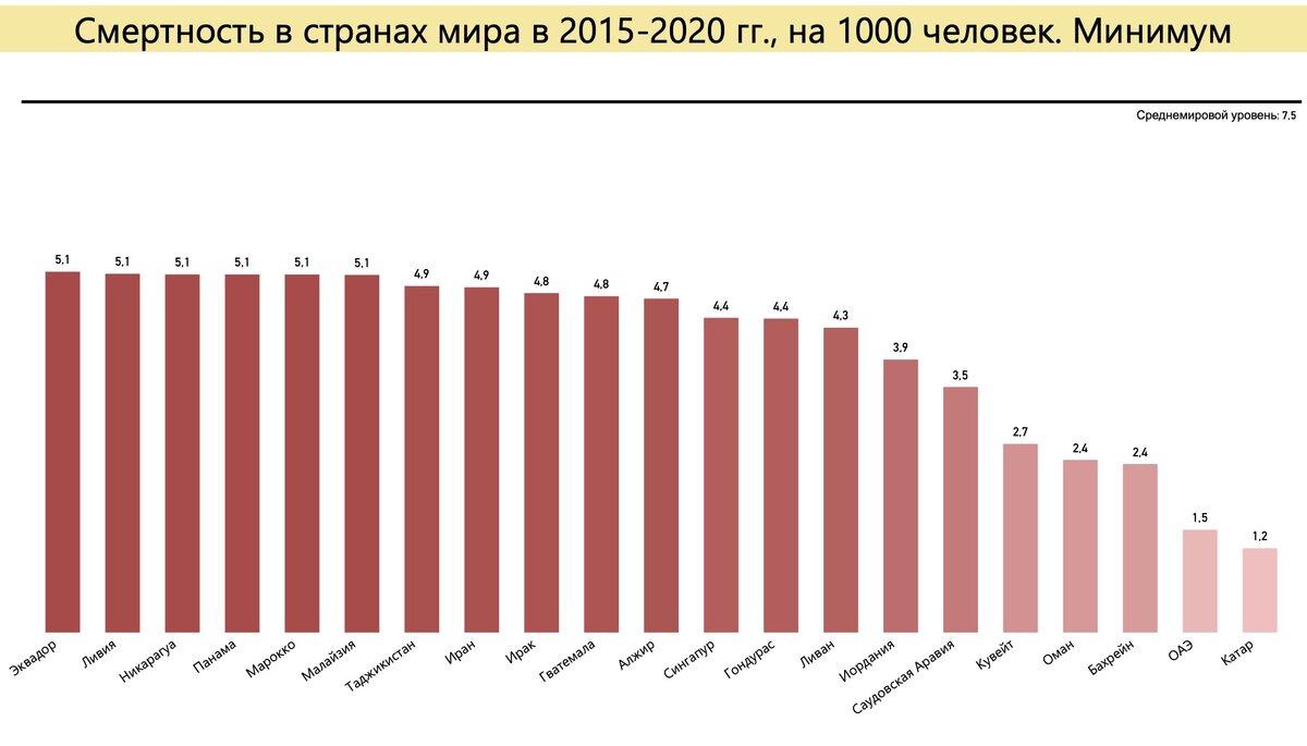 Страны с самым низким уровнем смертности в 2015-2020 году. Источник: расчет автора по данным ООН