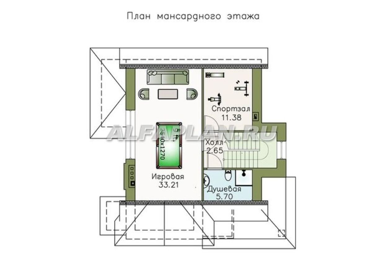 Планировка дома по проекту 496А "Прагматика" 

Мансарда отдана под игровую комнату, в которой можно разместить уголок отдыха и 9-футовый бильярдный стол. Кроме того, здесь есть место для спортзала с окнами верхнего света (или еще одной спальни) и санузла с душевой.