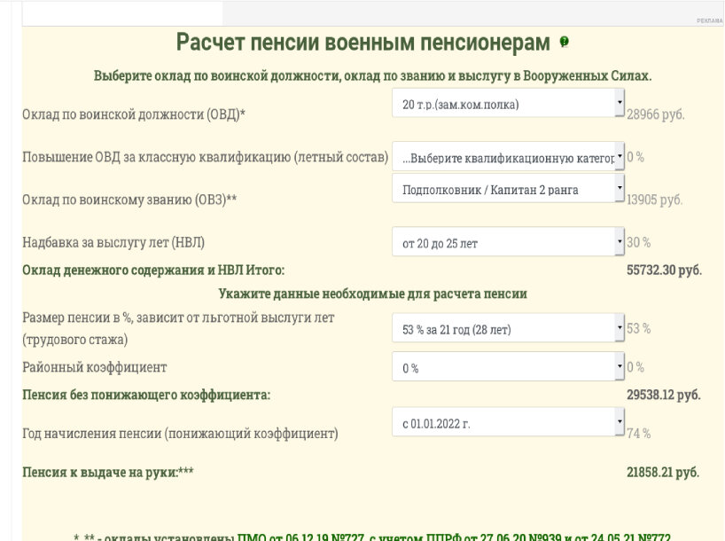 Пример расчета второй пенсии для военнослужащих Формула выслуги лет