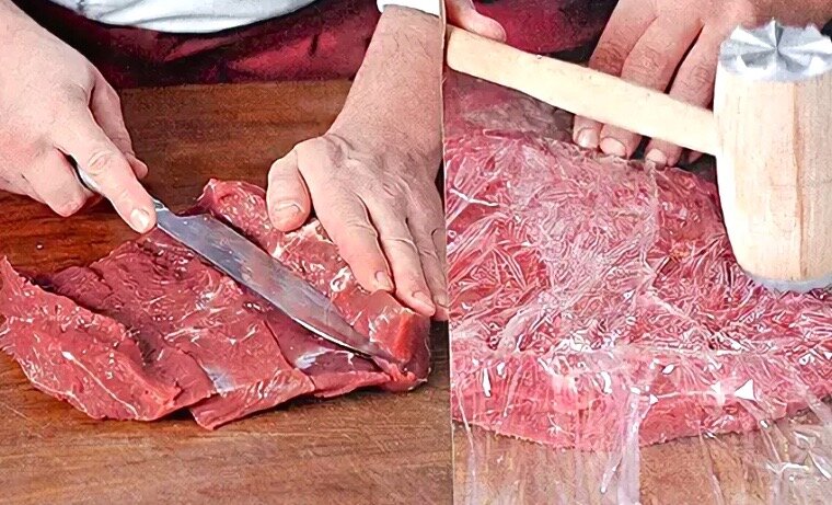 Подготовка мяса для запекания. Распластывание мяса и отбивание.