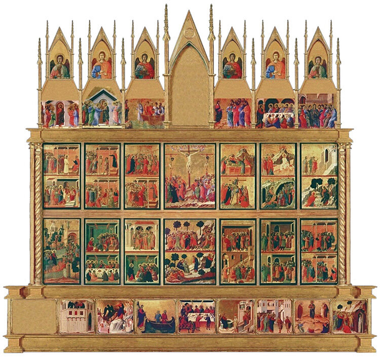 Оборот алтаря Маэста. Эта сторона панели включает в себя объединенные сцены из Жизни Богородицы и Жизни Христа, написанные на 43 небольших панно. 