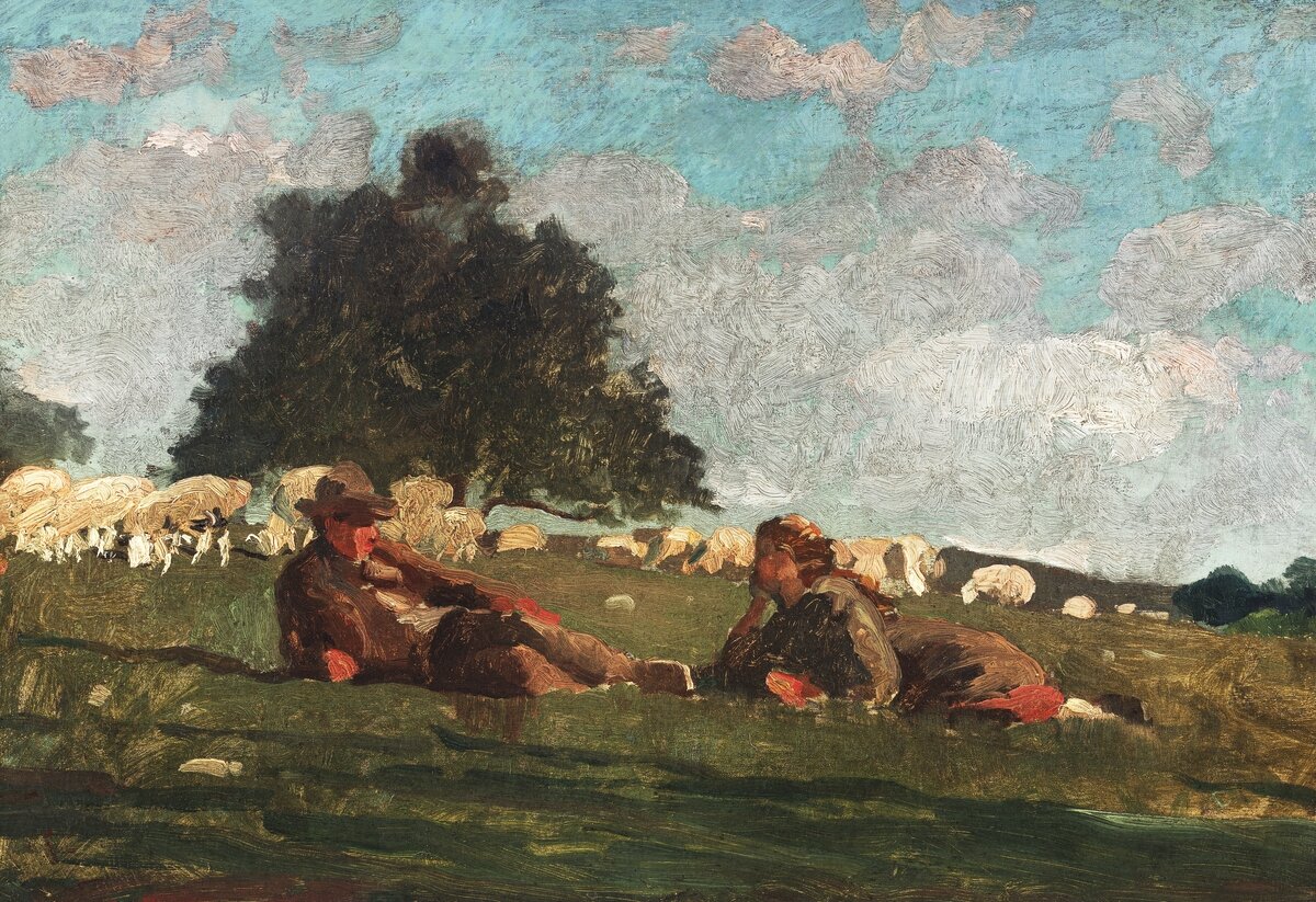 Boy and Girl in a Field with Sheep (1878) by Winslow Homer. Original from The Smithsonian. Digitally enhanced by rawpixel. Digitally enhanced by rawpixel.