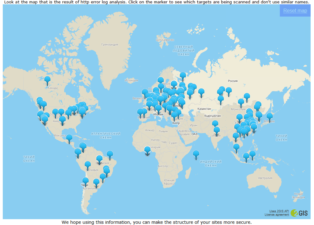 Вот мне стало интересно, и я решил изучить этот вопрос поглубже. Как только появилось время, я написал парсер логов веб-сервера. Поскольку люблю наглядность, результаты поместил на карту.
И вот какая картина получилась:


