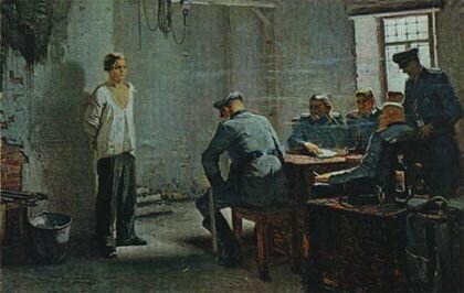 Допрос Олега Кошевого из "Молодой гвардии" (так же мог выглядеть и допрос Коли Печененко)