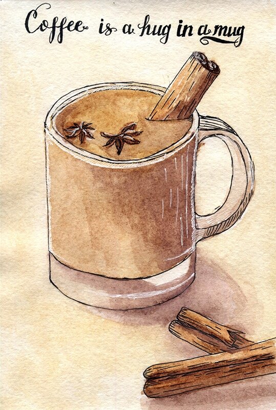 Акварельный скетч с кофе и корицей