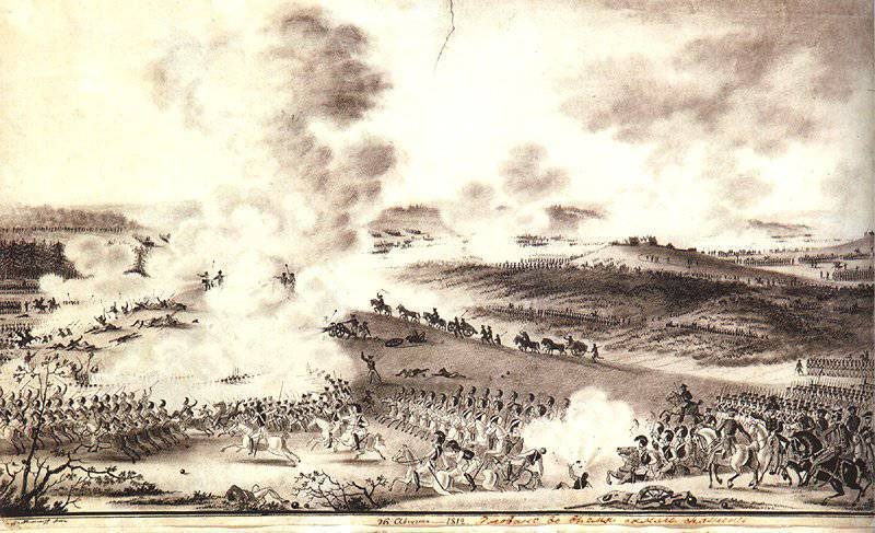 Бородинское сражение. Художник А.И. Дмитриев-Мамонов. 1812 г. Всероссийский музей А.С. Пушкина. Надпись под изображением в центре: «26 Августа - 1812. Рисовано во время самого сражения»