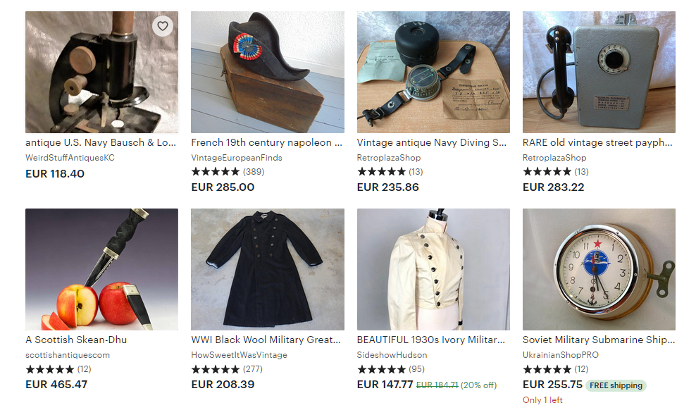 Мой любимый сайт Etsy показывает такие цены. Огромные, не спорю, но возраст этих вещей, как правило, не менее 100 лет. Не думаю, что у каждого на чердаке будет лежать клинок времен Тройской войны или мундир первой мировой войны.