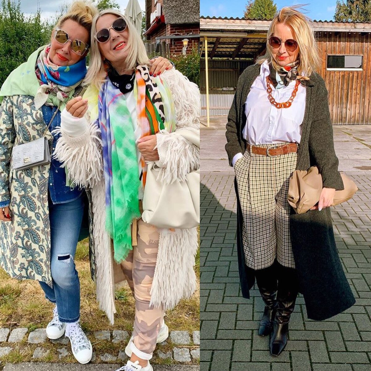 Образ слева - перегружен цветами и принтом. Образу справа - не хватает приталенности, обьягивающие или нейтральные тонкие сапоги или лодочки сгладили бы «оверсайзность образа»