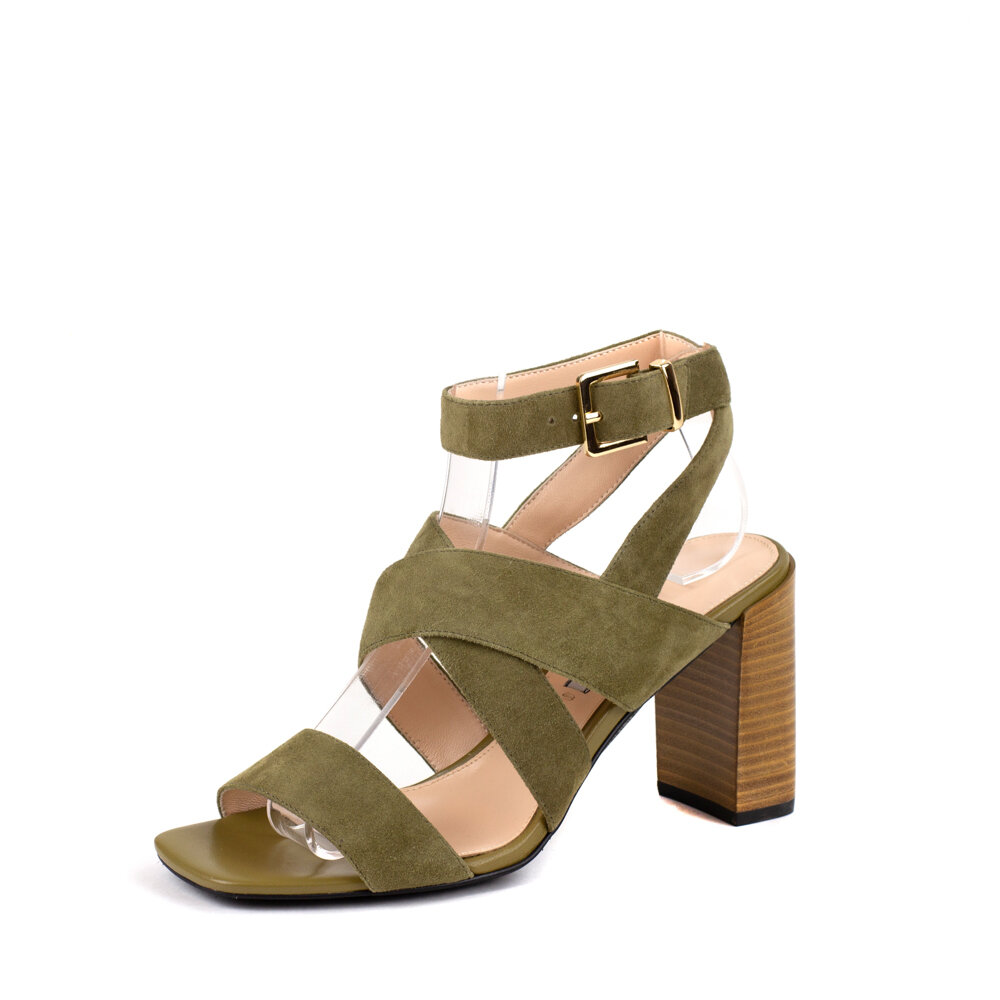 Босоножки MYSET цвета хаки. Натуральная замша. Каблук 9 см.