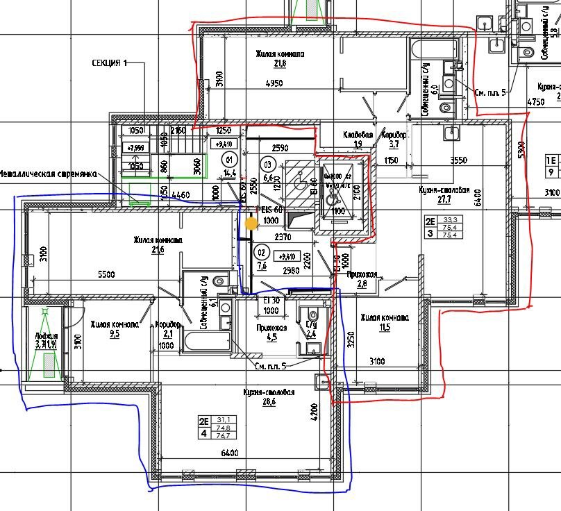 Строительное ноу-хау. Жёлтым выделен общий вентблок, куда владельцам квартир придётся тянуть воздуховоды. Особенно 'удобно' тянуть из кухни и второго санузла. Сэкономили на площади? Заплатите высотой потолков и электроэнергией!