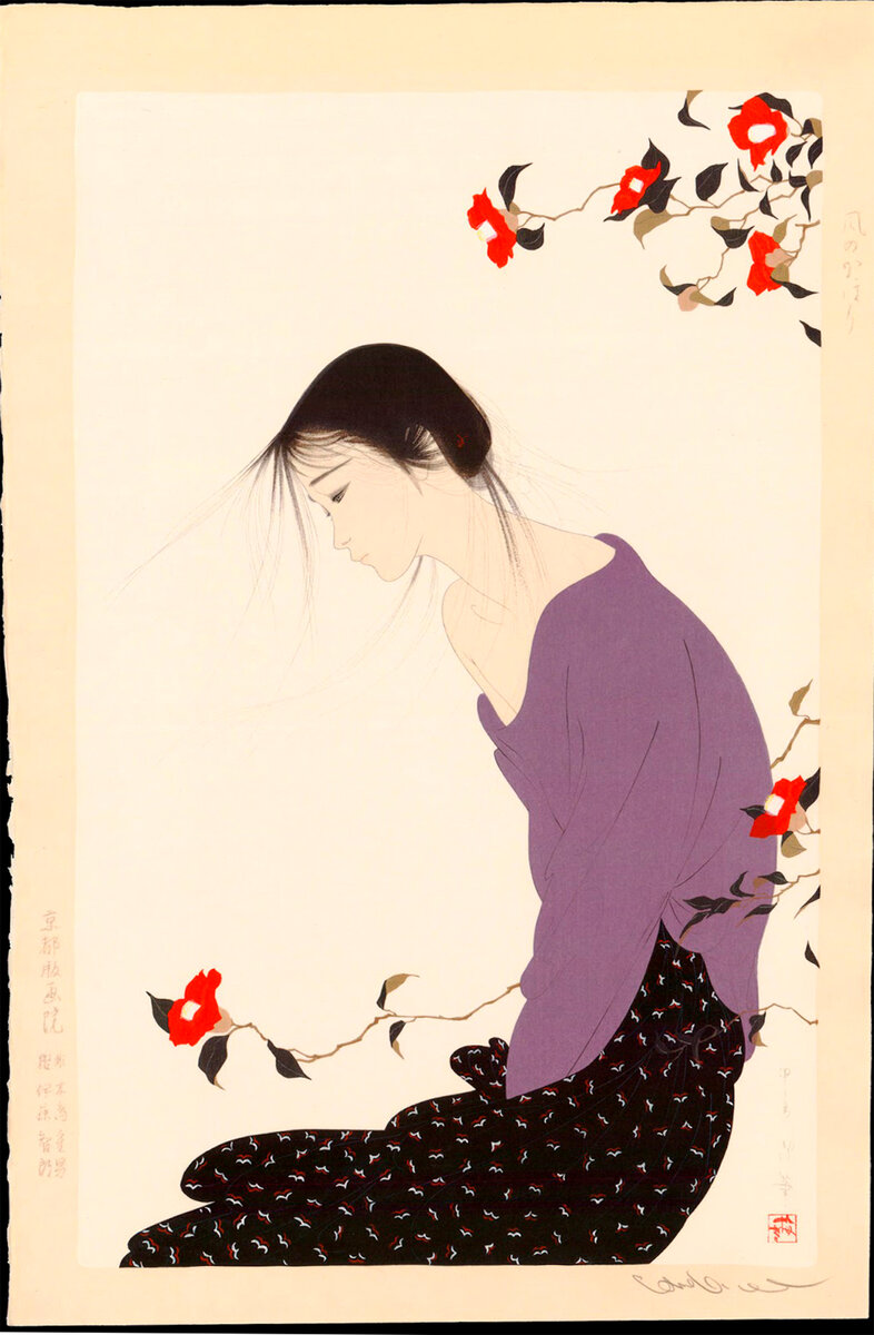 Накадзима Киеси (中島 潔) стали называть "художник ветра" благодаря его знаменитой серии гравюр на дереве, каждая из которых изображает печально-задумчивую девушку, обвеваемую ветерком.-2-2