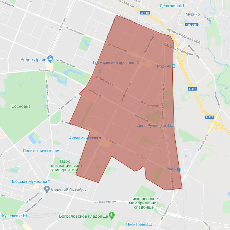 Границы исторического района Гражданка на современной карте Санкт-Петербурга. Скриншот сделан с помощью google-maps