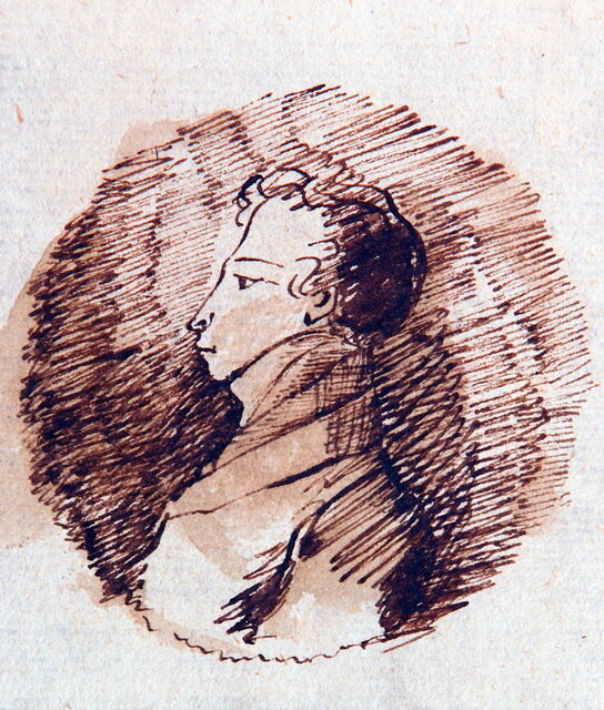 Автопортрет (в круге). 1817-1818 гг. Самый ранний из дошедших до нас автопортретов Пушкина. Предназначался для первой книги стихов поэта "Стихотворения Александра Пушкина" (не издана). 