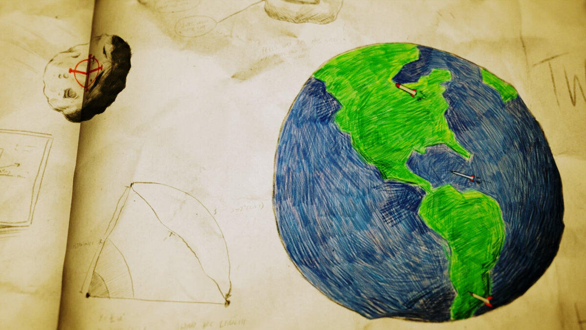 Кадр из фильма (Астероид летит на землю, люди сбивают его атомными ракетами)