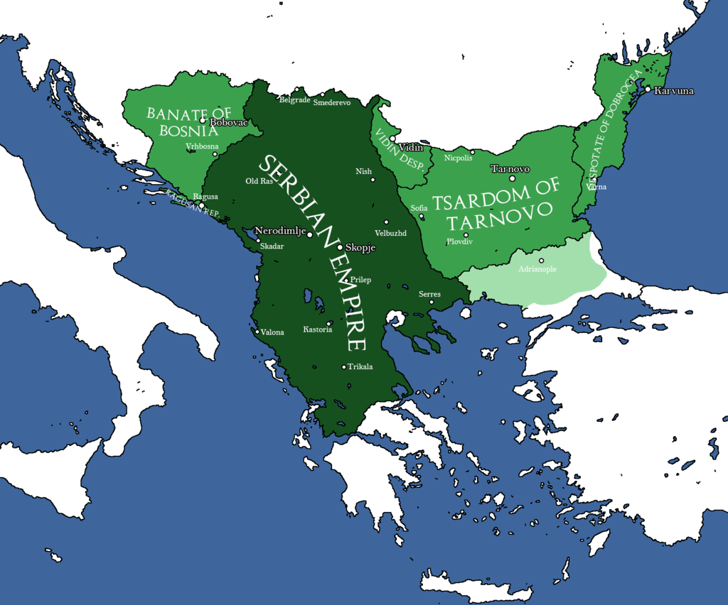 Балканы веком позже - теперь разрослась сербская держава, включившая в себя и Македонию